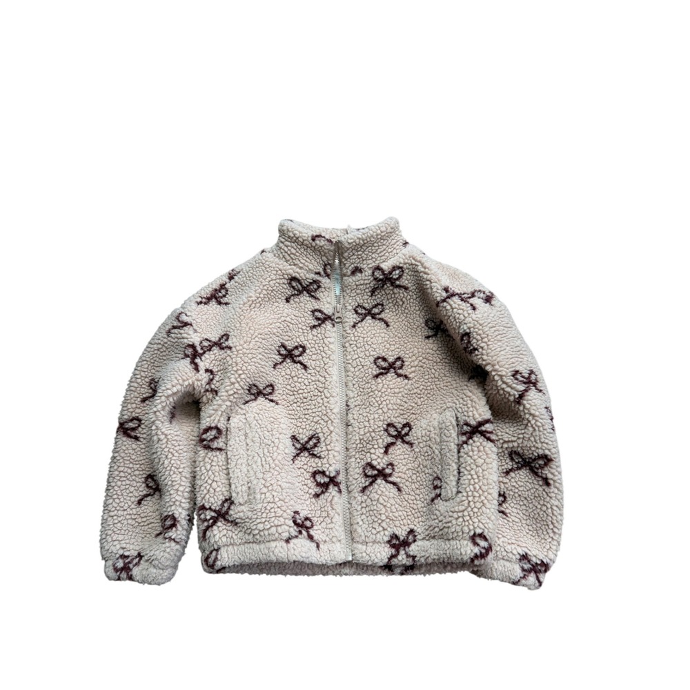 Rylee + Cru Girls Sherpa Fleece Jacket Bow Print Cream Burgundy Size 6-7Y Zip Up